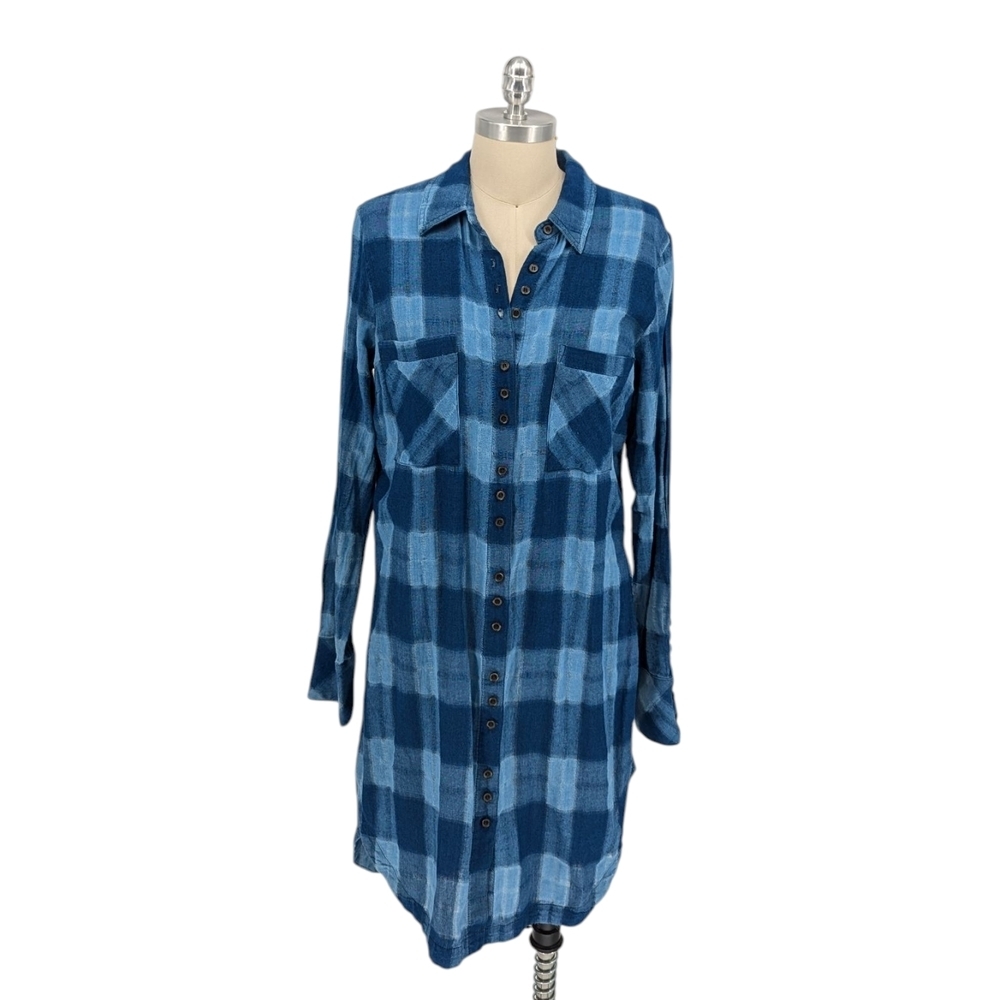 01430 NEW Free People Plaid Button Down Tunic Shirt Blue size Medium bohemian